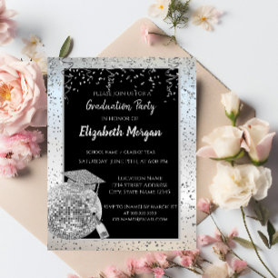 Silver  Graduation Cap,Disco Ball Confetti, Wine Invitation