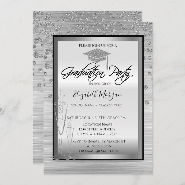 Silver Graduation Cap,Glass Diamonds Graduation Invitation (Front/Back)