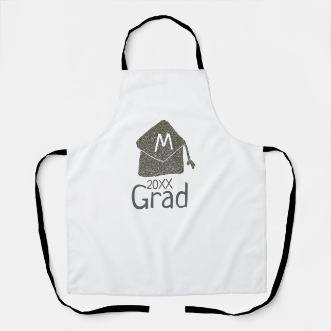 Silver graduation cap glitter add name grad year c apron (Front)