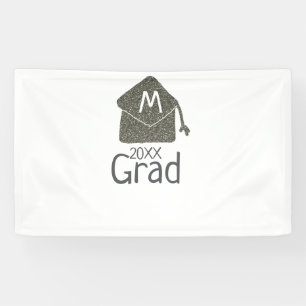 Silver graduation cap glitter add name grad year c banner