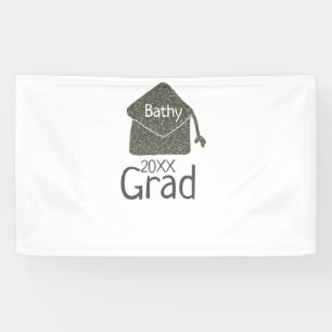 Silver graduation cap glitter add name grad year c banner