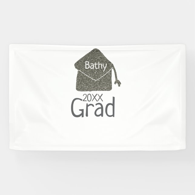 Silver graduation cap glitter add name grad year c banner (Horizontal)
