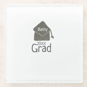 Silver graduation cap glitter add name grad year c glass coaster