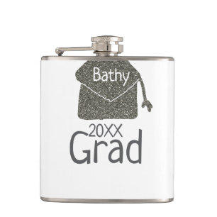 Silver graduation cap glitter add name grad year c hip flask