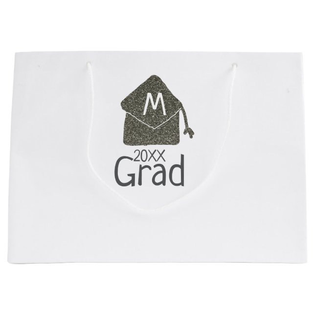 Silver graduation cap glitter add name grad year c large gift bag (Front)
