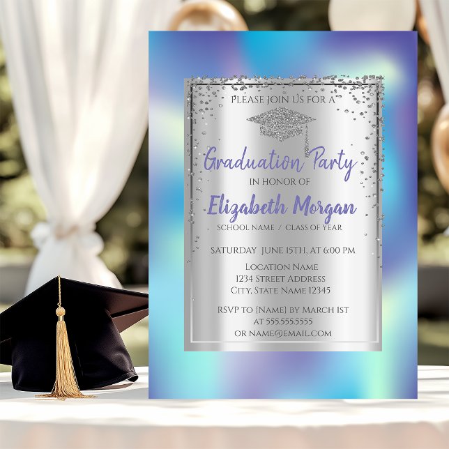 Silver Graduation Cap Holographic Graduation Invitation (Creator Uploaded)