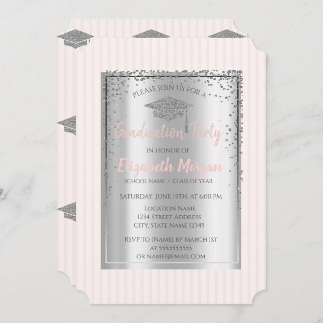 Silver Graduation Cap Striped Graduation Invitation (Front/Back)