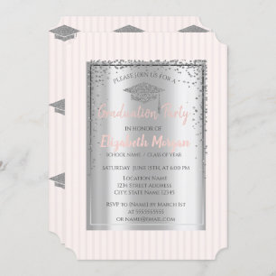 Silver Graduation Cap Striped Graduation Invitation