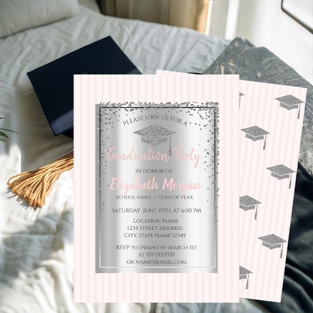 Silver Graduation Cap Striped Graduation Invitation (Creator Uploaded)