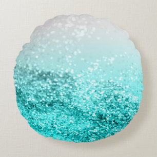 Silver Gray Aqua Teal Ocean Glitter #1 Round Cushion