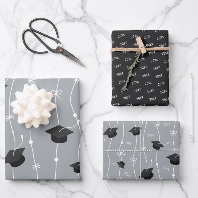 Silver Gray & Black Graduation Cap Toss Wrapping Paper Sheet (Front)
