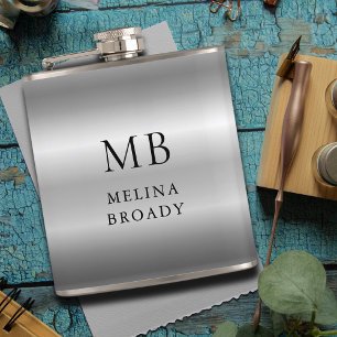 Silver Gray Brushed Faux Metallic Black Monogram Hip Flask