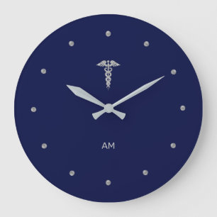 Silver Gray Caduceus on Navy Blue Round Clock