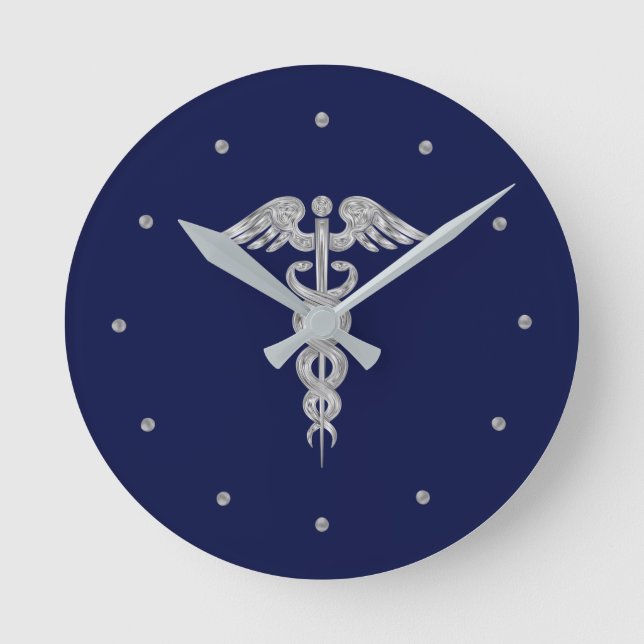 Silver Gray Caduceus on Navy Blue Round Clock (Front)