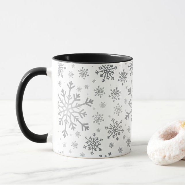 Silver Gray Christmas Snowflakes on Winter White Mug (With Donut)