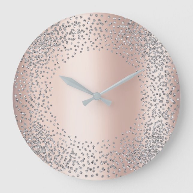 Silver Gray Crystals Confetti Glitter Gems Blush Large Clock (Front)