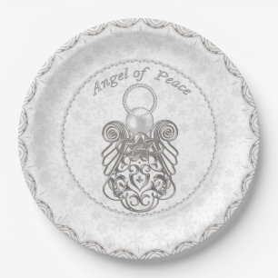 Silver Gray Filigree Christmas Angel of Peace Paper Plate