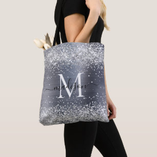 Silver Gray Glitter Brushed Metal Monogram Script Tote Bag