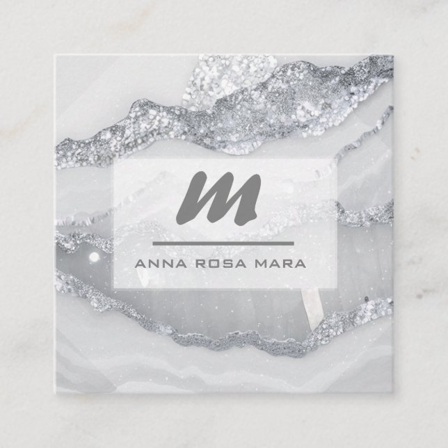 *~* SILVER GRAY Glitter Glam QR  Luxe Initial AP66 Square Business Card (Front)