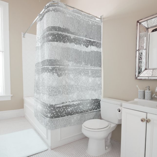 SILVER GRAY GREY STROKES LINES MODERN ARTWORK SHOWER CURTAIN (In Situ)