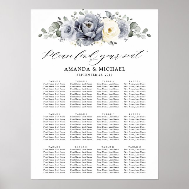 Silver Gray Ivory  Winter Wedding Seating Chart (Front)