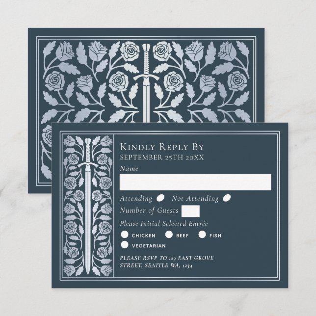 Silver Gray Medieval Sword Wedding RSVP Card (Front/Back)