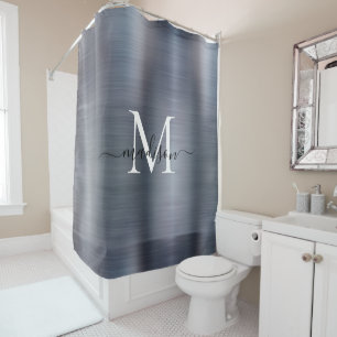 Silver Gray Monogram Girly Script Glam Steel Metal Shower Curtain