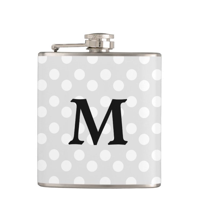 Silver Gray Monogrammed Polka Dot Hip Flask (Front)