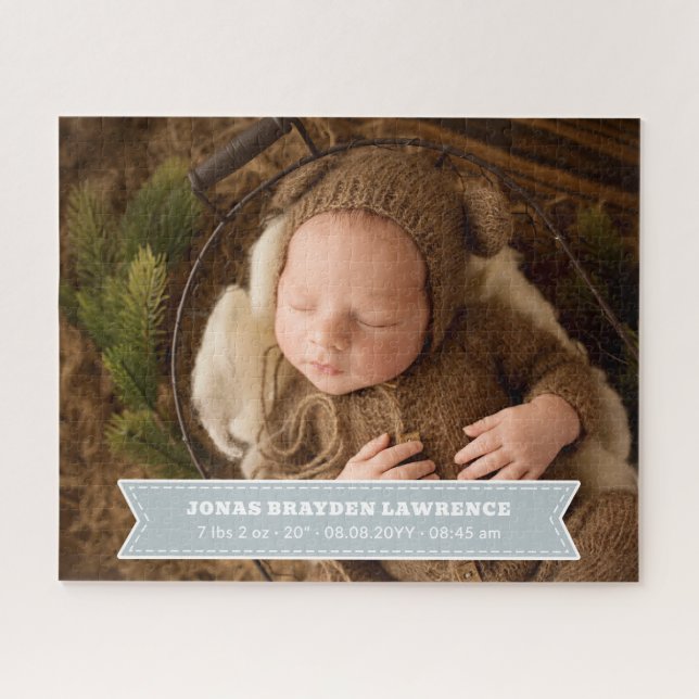 Silver Gray Newborn Baby Boy Birth Stats Photo Jigsaw Puzzle (Horizontal)
