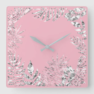 Silver Gray Pink Pastel Palm Botanical Metallic Square Wall Clock