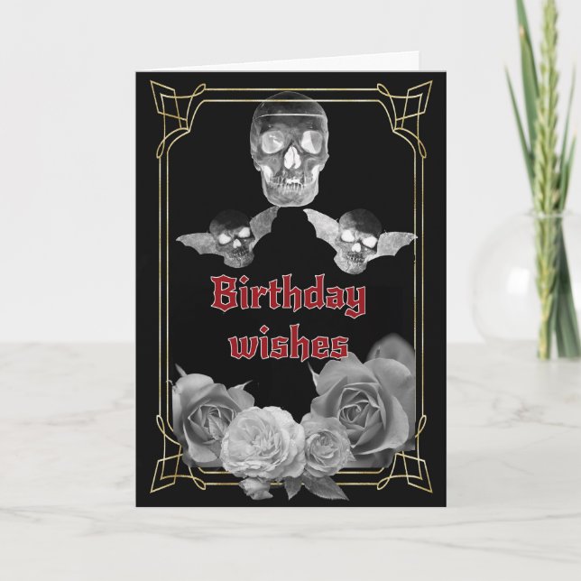 Silver gray roses and skulls birthday card (Front)