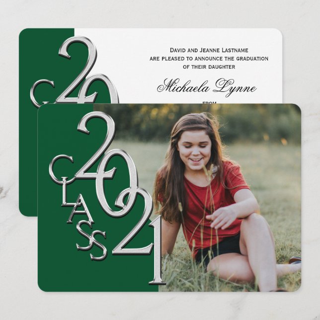 Silver Green 2021 Photo Graduation Invitation (Front/Back)