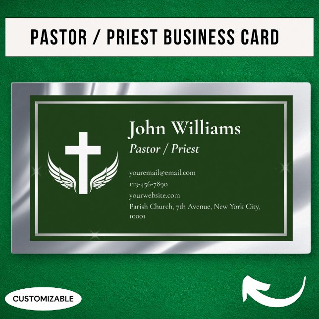Silver Green Church Pastor Priest Business Card (Creator Uploaded)
