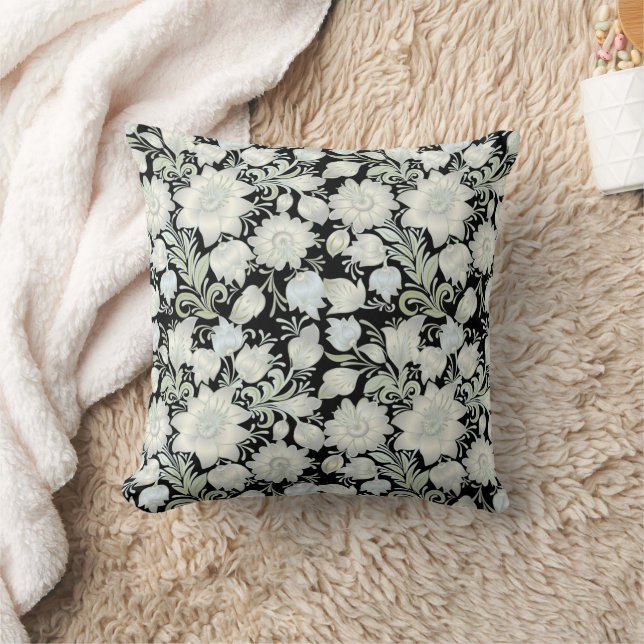 Silver Green Floral Throw Pillow (Blanket)