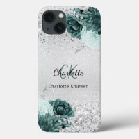 Silver green florals elegant monogram name