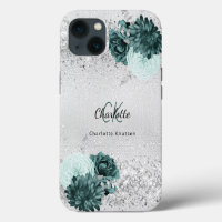 Silver green florals elegant monogram name