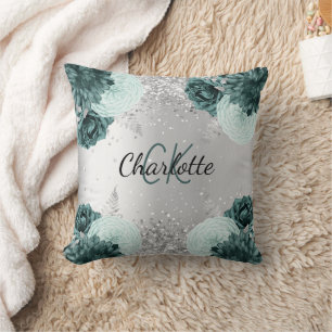 Silver green florals elegant monogram name cushion