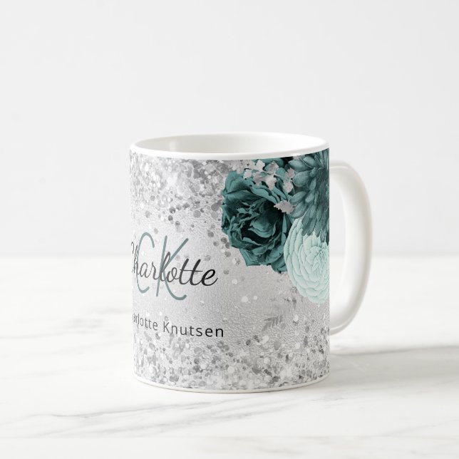 Silver green flowers elegant monogram name coffee mug (Front Right)