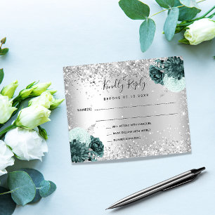 Silver green flowers glitter wedding RSVP card