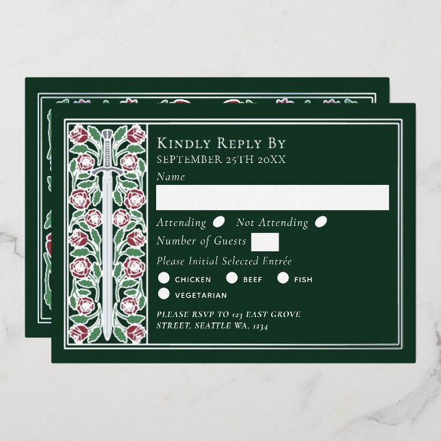 Silver Green Mediaeval Floral Sword Wedding RSVP (Front/Back)