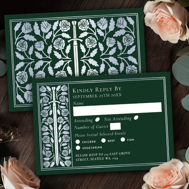 Silver Green Mediaeval Sword Wedding RSVP Card (Creator Uploaded)