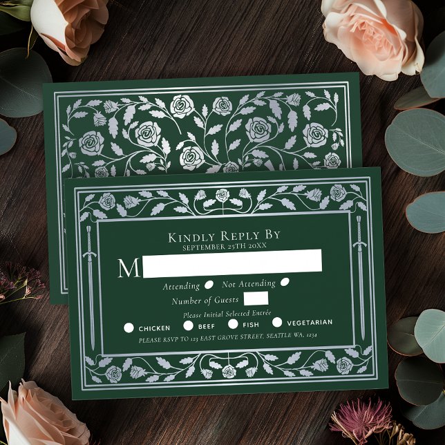 Silver Green Mediaeval Sword Wedding RSVP Card (Creator Uploaded)