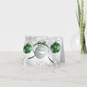 Silver & Green Ornaments Bokeh Christmas Thank You Card