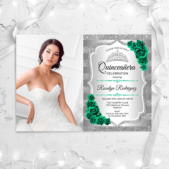 Silver Green Quinceanera Party With Photo Invitation (Creator Uploaded)
