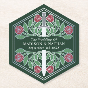 Silver Green Royal Mediaeval Floral Sword Wedding Paper Coaster