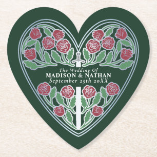 Silver Green Royal Mediaeval Floral Sword Wedding Paper Coaster
