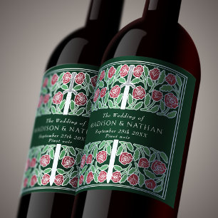 Silver Green Royal Mediaeval Floral Sword Wedding Wine Label