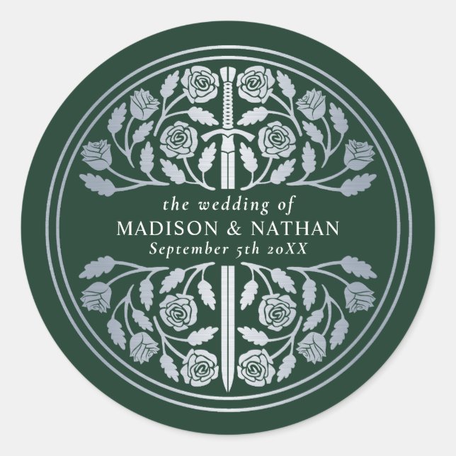 Silver Green Royal Mediaeval Sword Wedding  Classic Round Sticker (Front)
