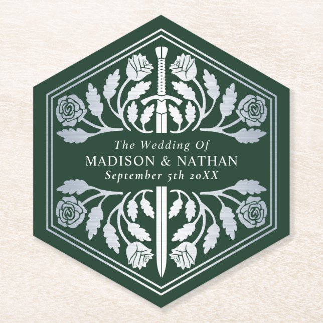 Silver Green Royal Mediaeval Sword Wedding Paper Coaster (Front)