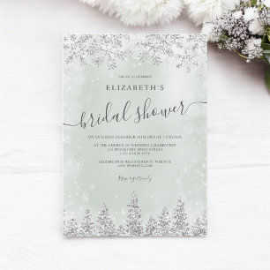 Silver green snow pine winter bridal shower invitation